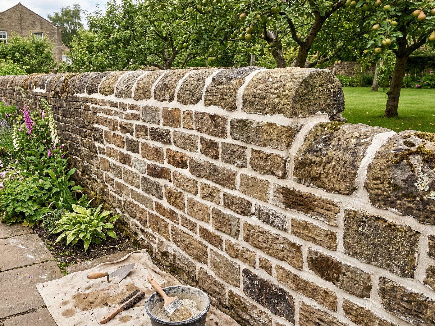 Garden wall, lime repoint, Shaw